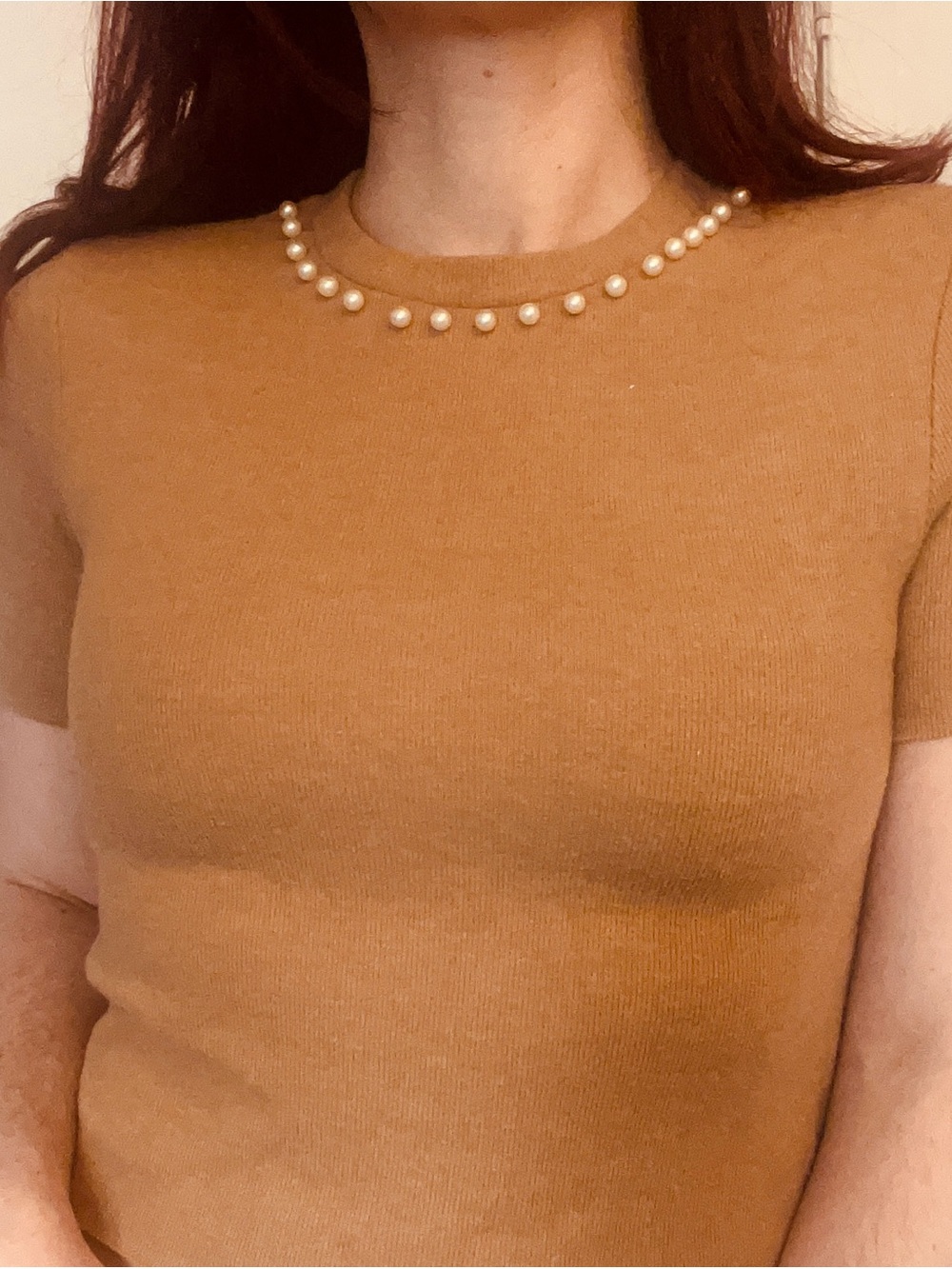 Zara Pearl-Trim Short Sleeve Top in Camel